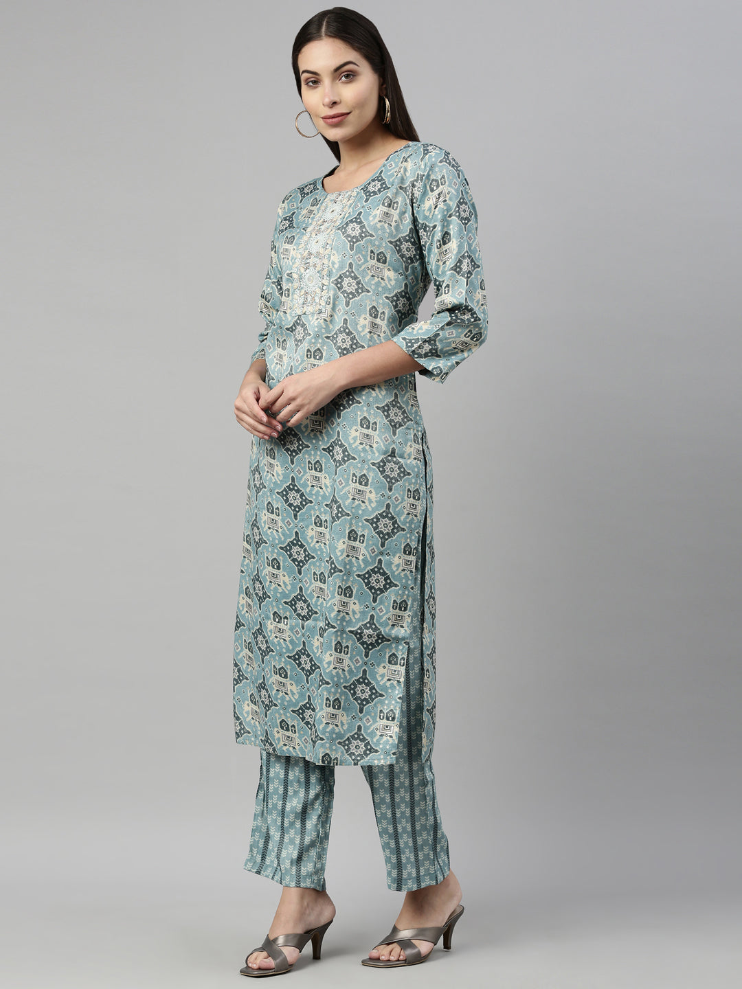Neerus Blue Rayon Straight Suit Set - side view