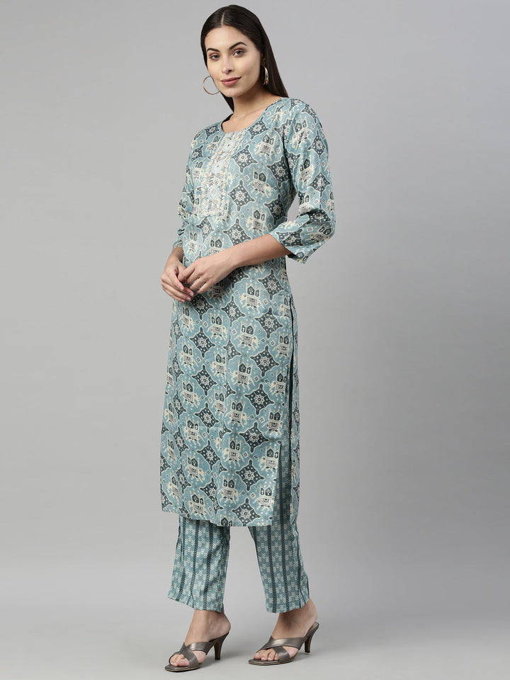 Neerus Blue Rayon Straight Suit Set - side view