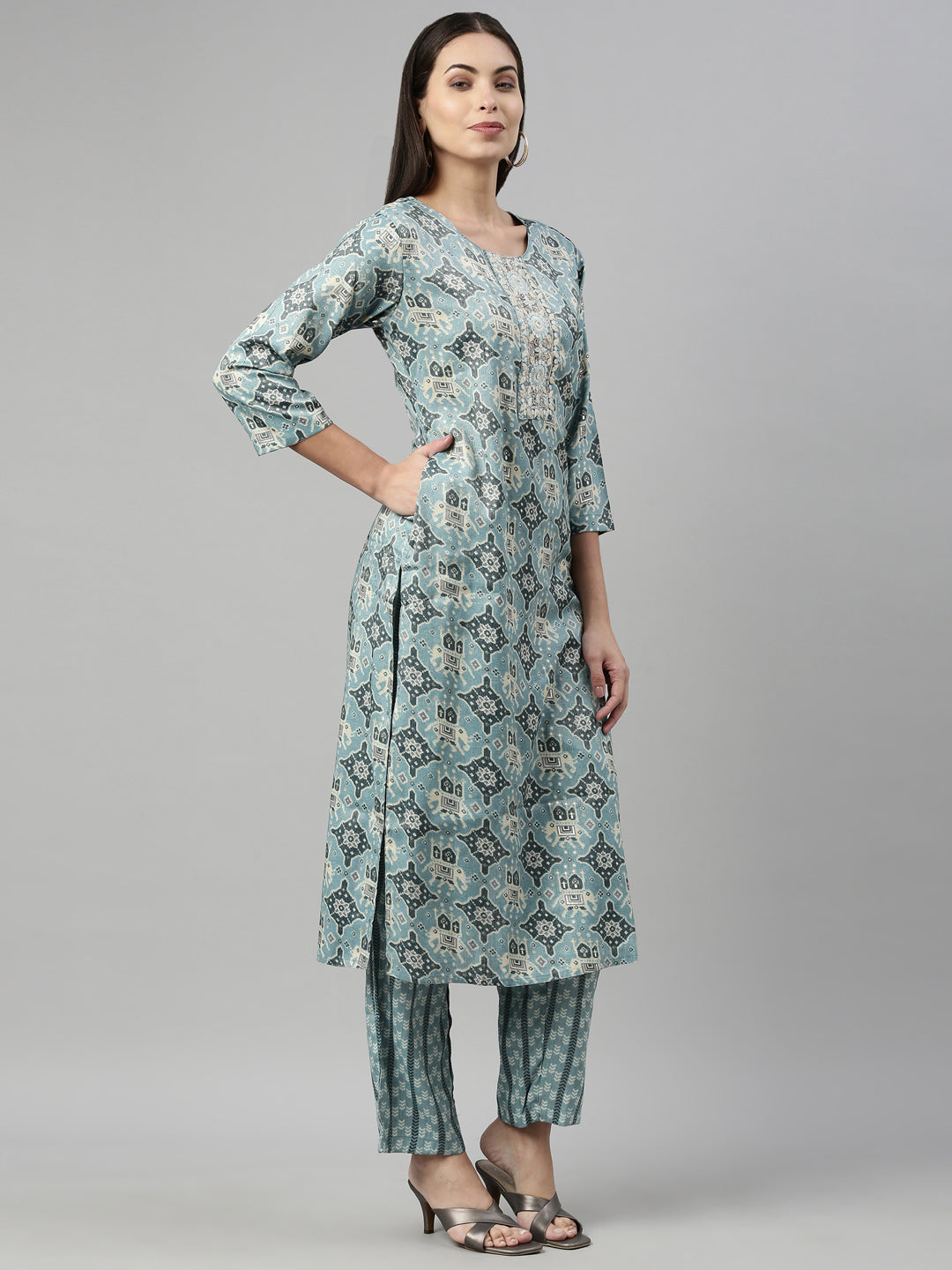 Neerus Blue Rayon Straight Suit Set - detail view 1