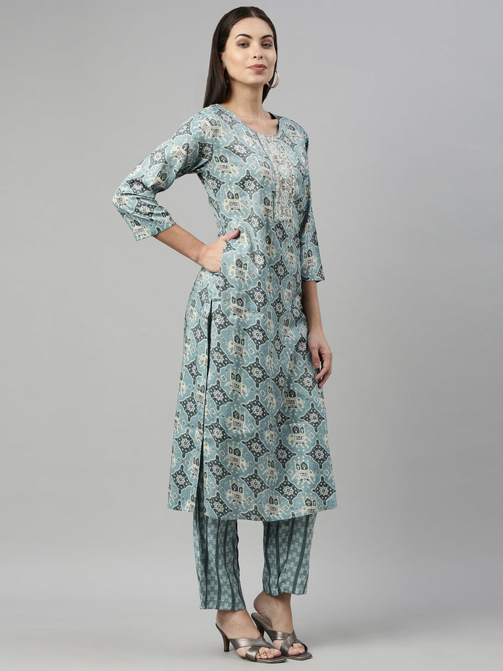 Neerus Blue Rayon Straight Suit Set - detail view 1