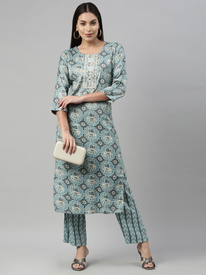 Neerus Blue Rayon Straight Suit Set - detail view 3