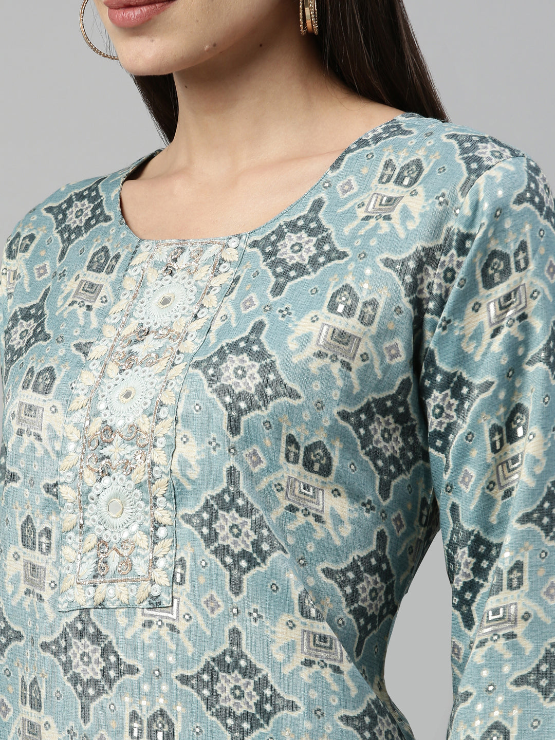 Neerus Blue Rayon Straight Suit Set - detail view 6