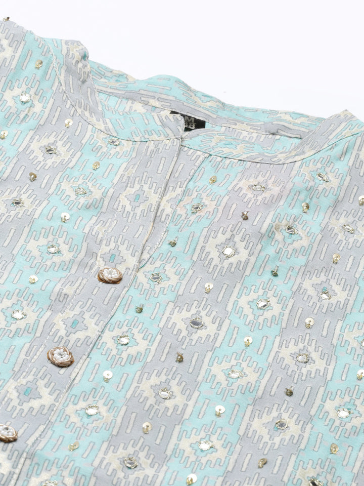 Neerus Blue jute cotton printed kurti A-line - back view