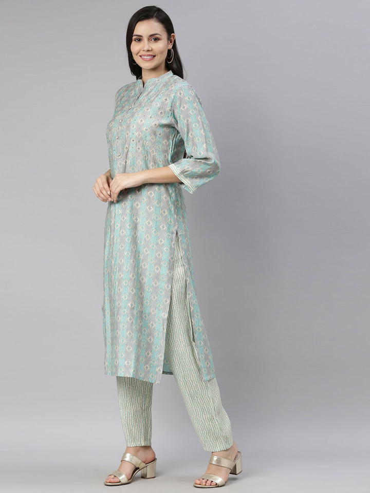 Neerus Blue jute cotton printed kurti A-line - side view