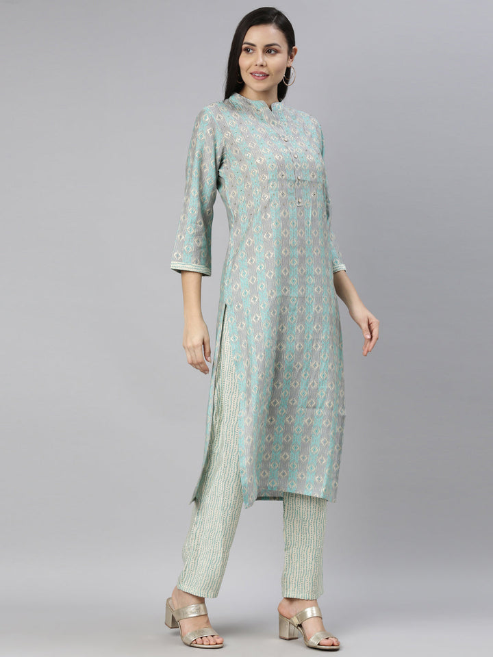 Neerus Blue jute cotton printed kurti A-line - detail view 1