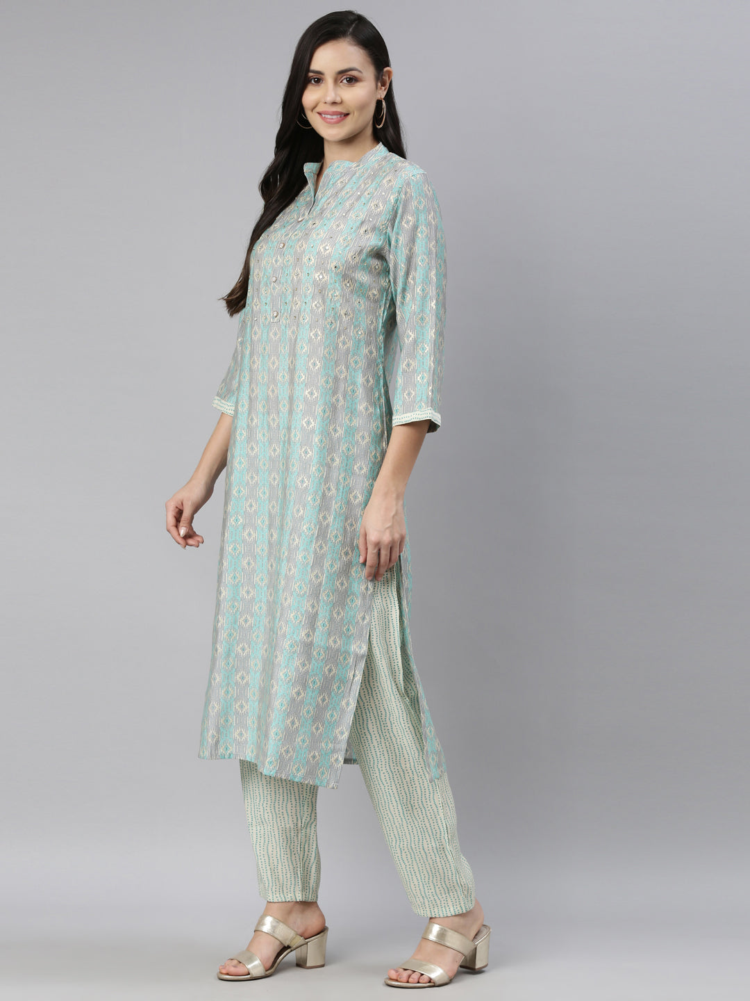 Neerus Blue jute cotton printed kurti A-line - detail view 3