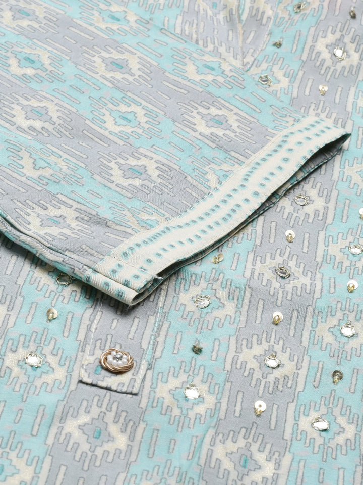 Neerus Blue jute cotton printed kurti A-line - detail view 4