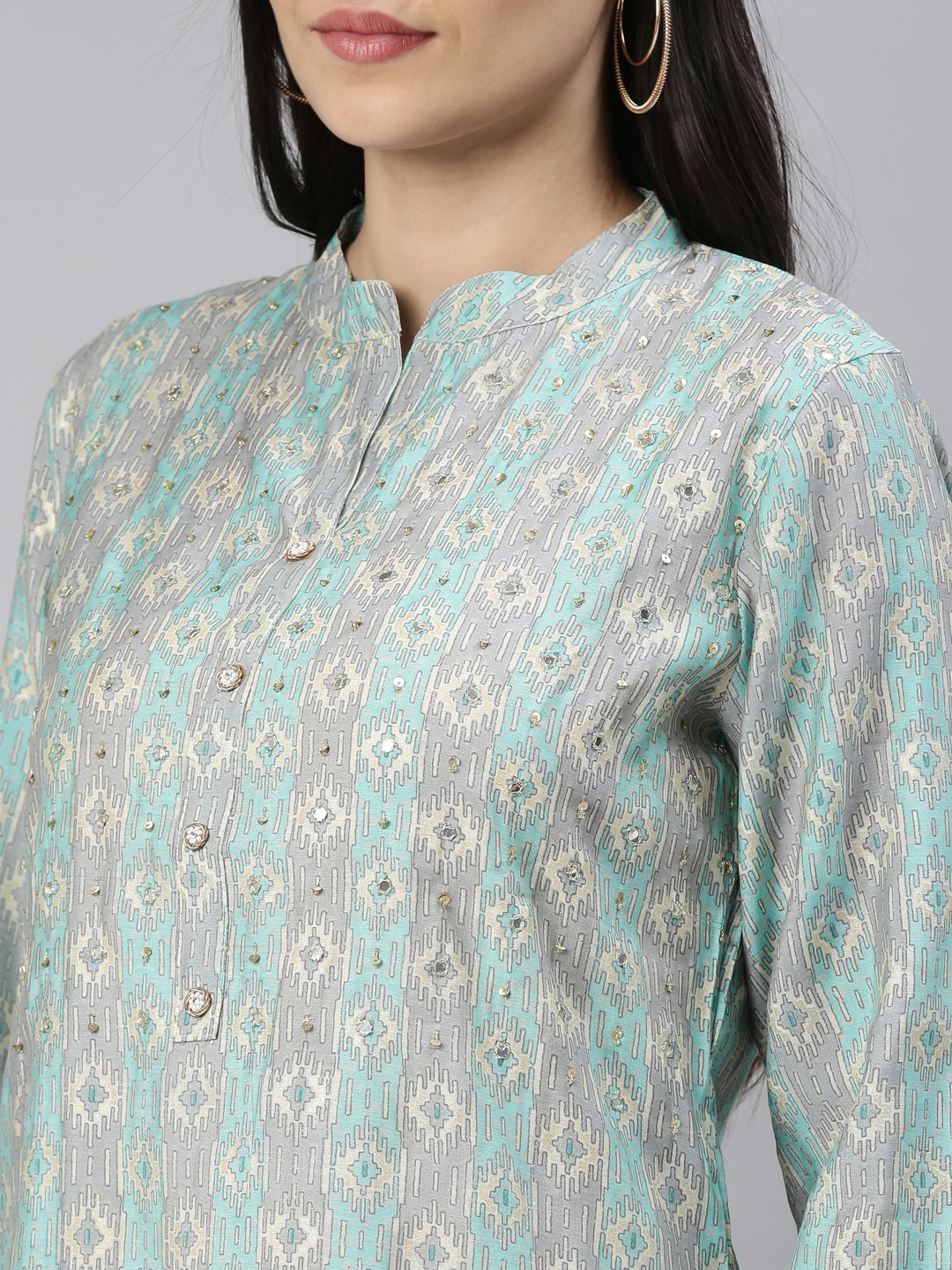 Neerus Blue jute cotton printed kurti A-line - detail view 5