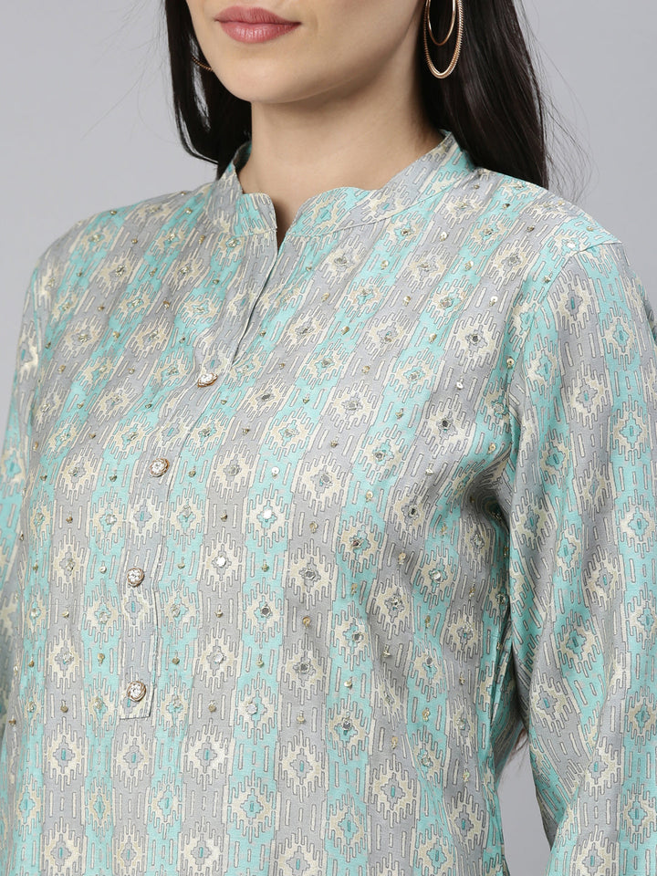 Neerus Blue jute cotton printed kurti A-line - detail view 5