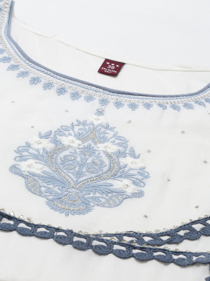 Neerus Blue cotton ethnic kurta with dupatta - back view