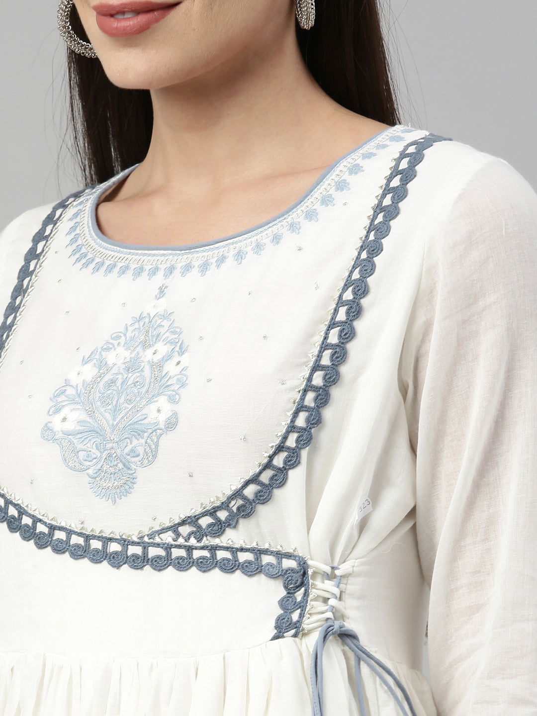 Neerus Blue cotton ethnic kurta with dupatta - detail view 6