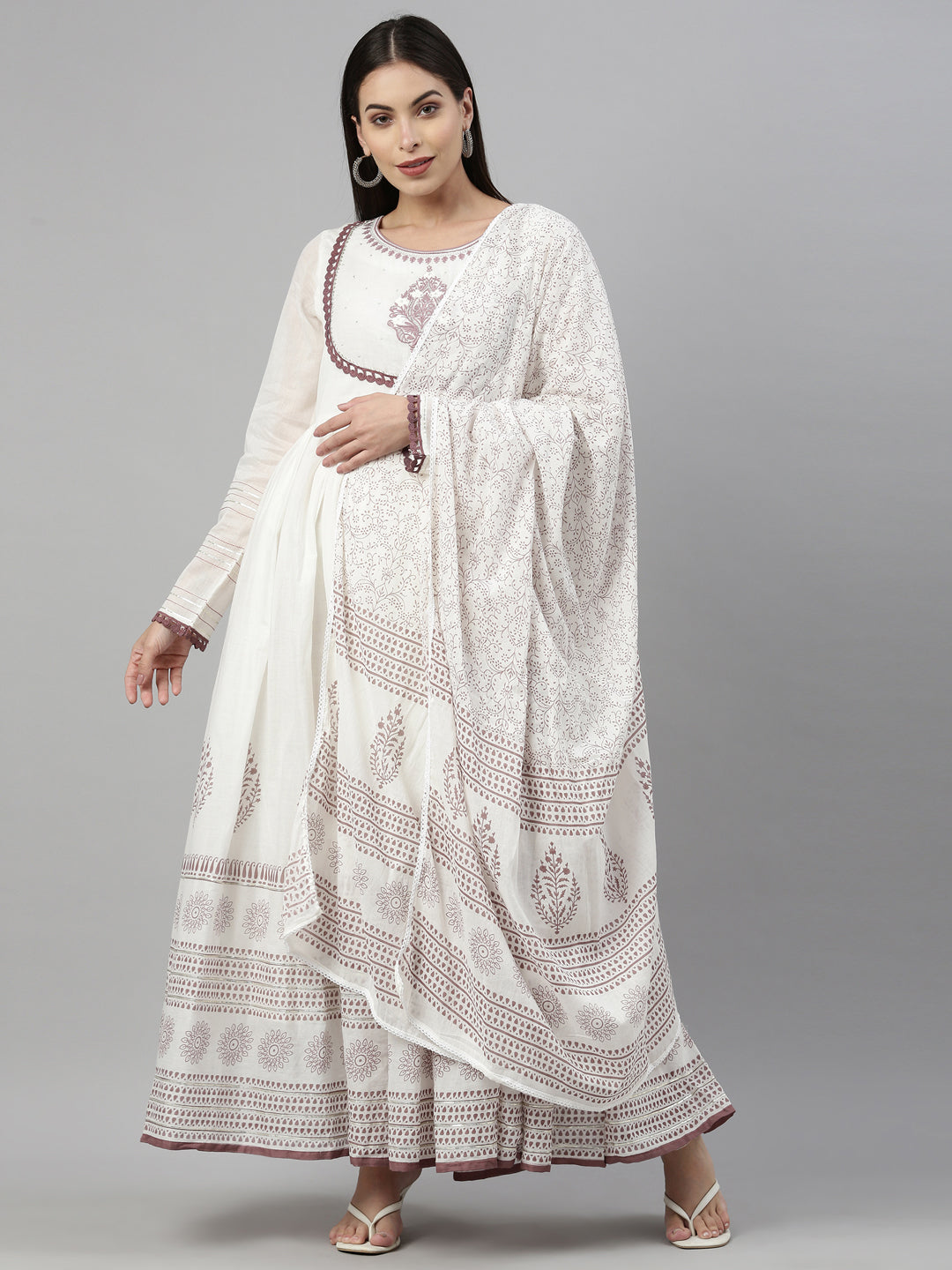 Neerus Purple cotton solid kurta with dupatta - front view
