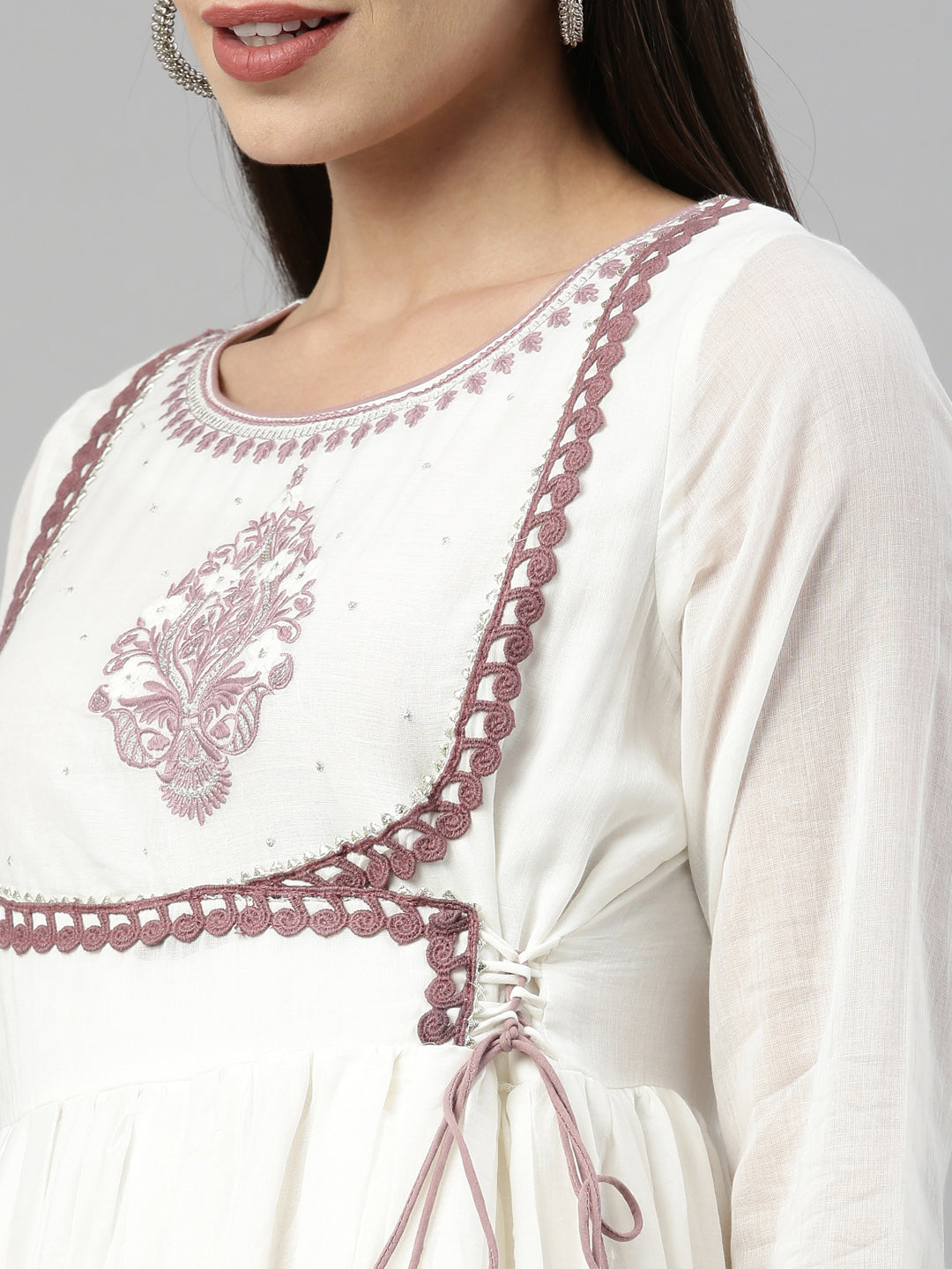 Neerus Purple cotton solid kurta with dupatta - back view