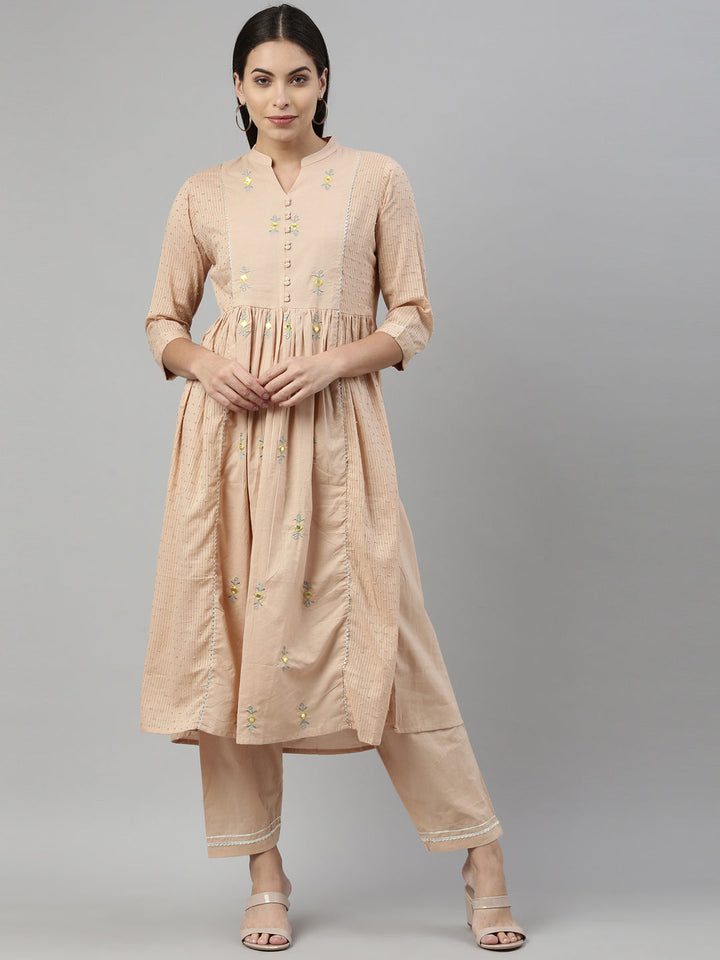 Neerus Beige cotton embroidered suit set - front view