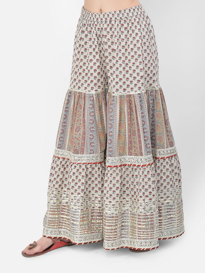 Neerus Grey cotton printed kurta set with palazzo and dupatta - detail view 4
