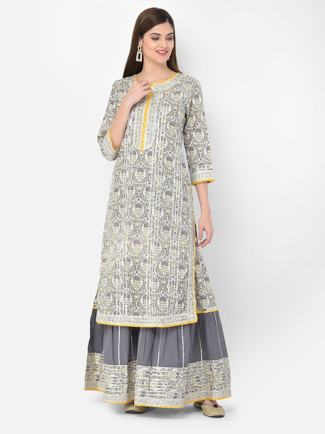 Neerus White cotton printed suit set - detail view 5