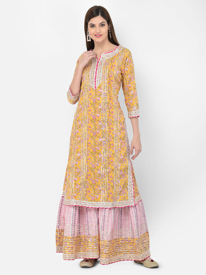 Neerus Yellow cotton printed kurta set with sharara and dupatta - detail view 7