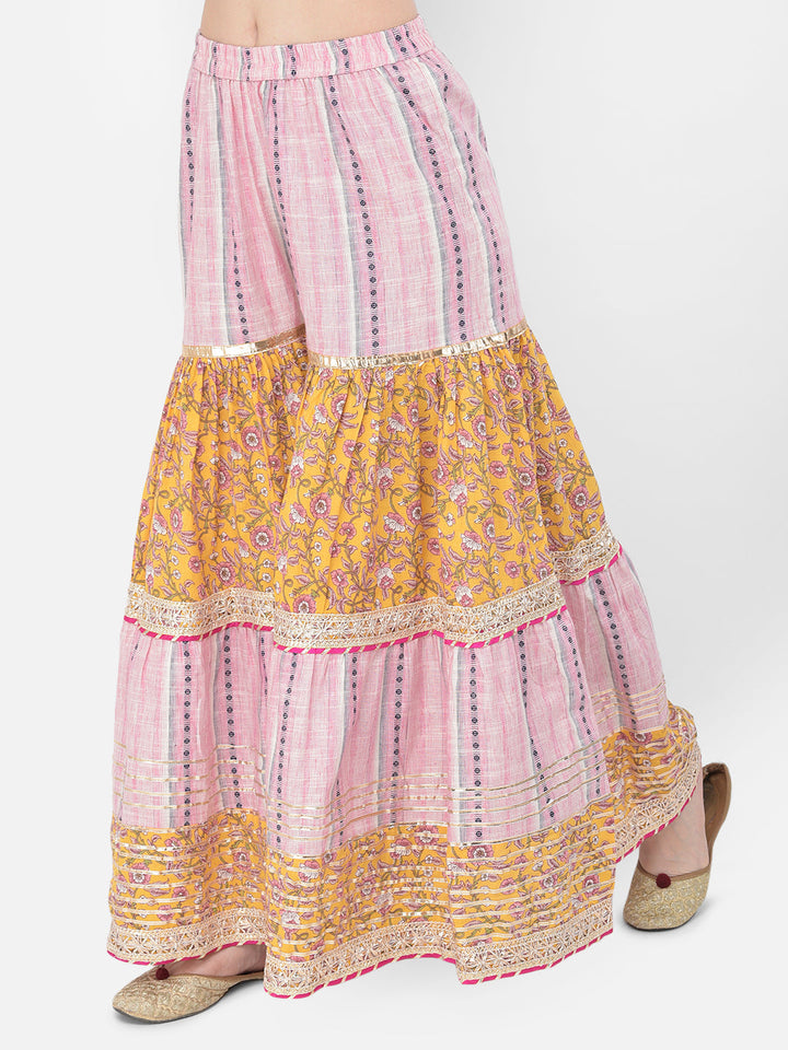 Neerus Yellow cotton printed kurta set with sharara and dupatta - detail view 4