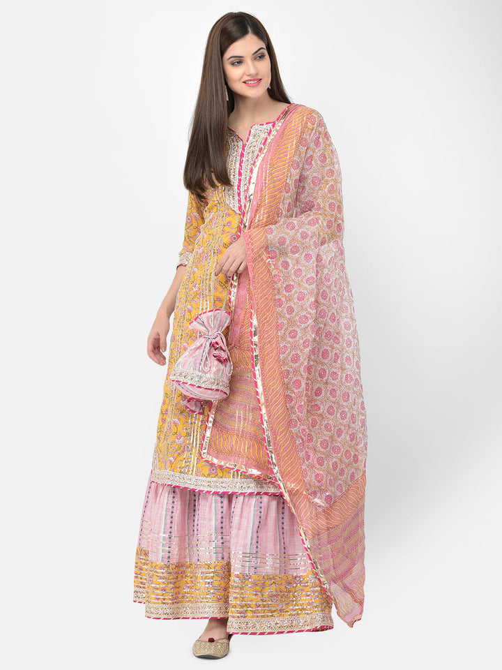Neerus Yellow cotton printed kurta set with sharara and dupatta - front view