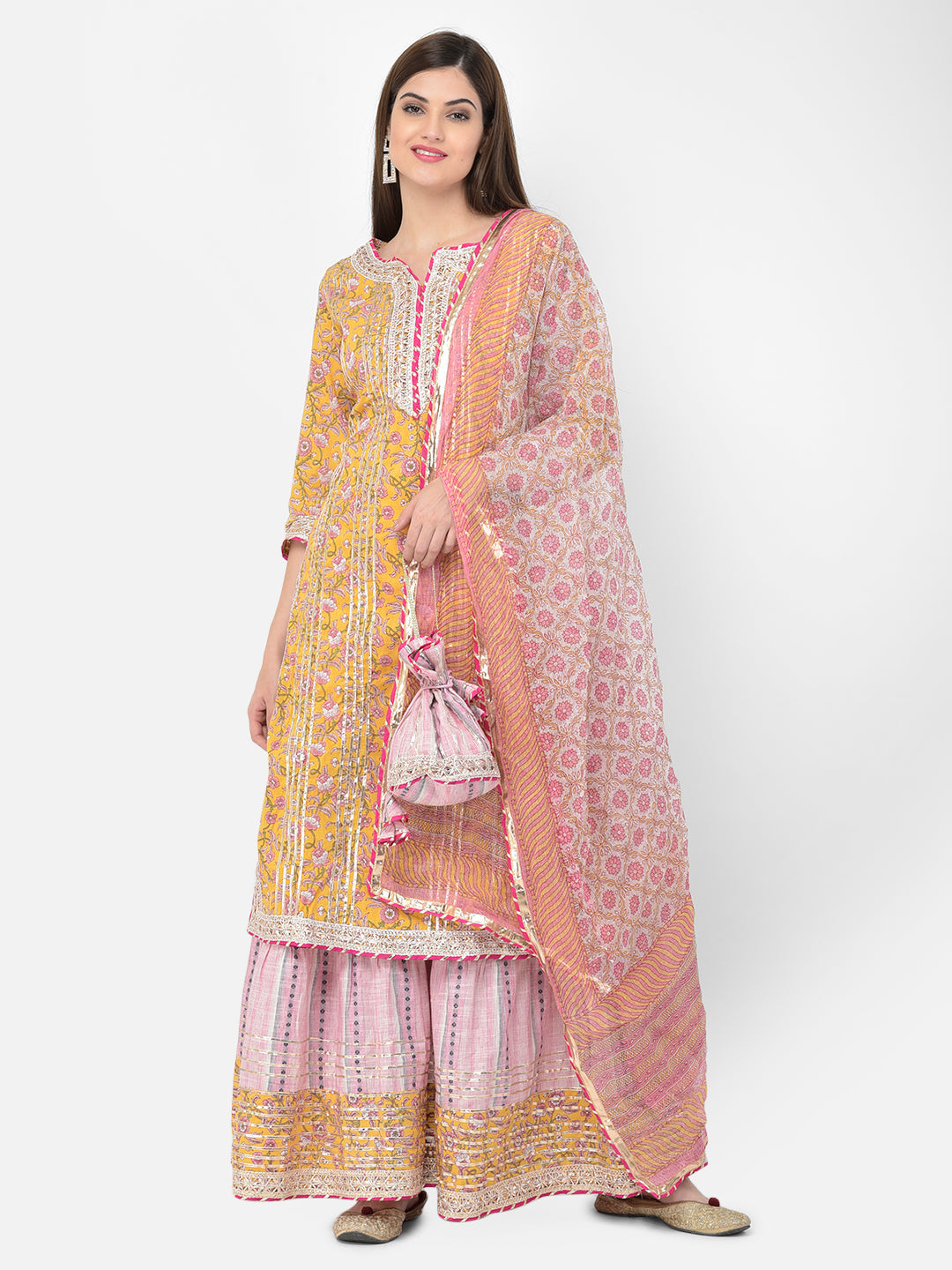 Neerus Yellow cotton printed kurta set with sharara and dupatta - back view