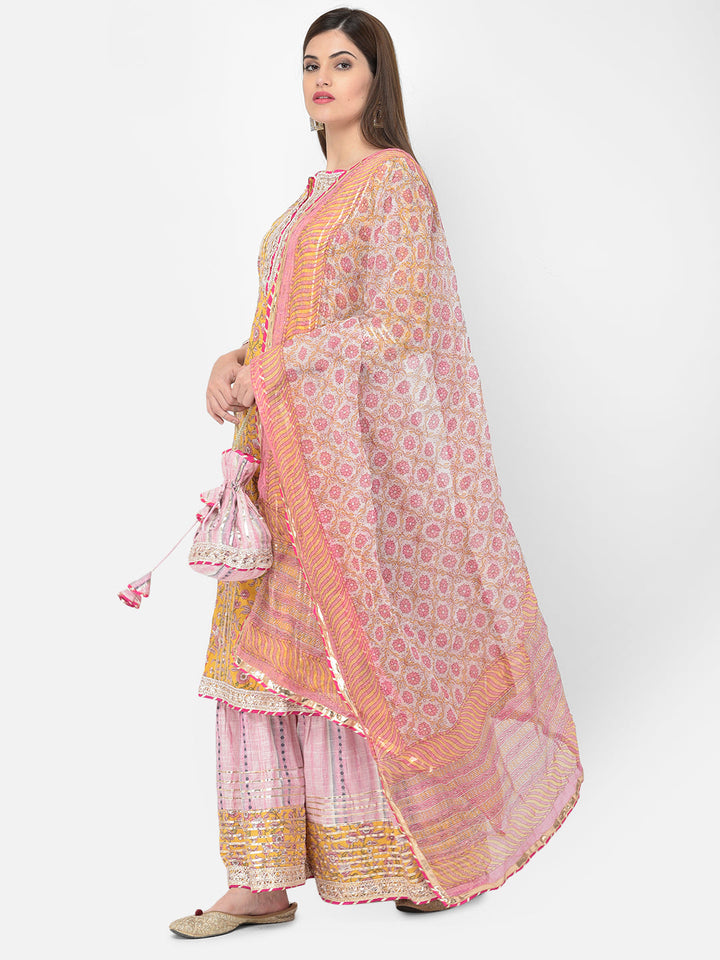 Neerus Yellow cotton printed kurta set with sharara and dupatta - side view