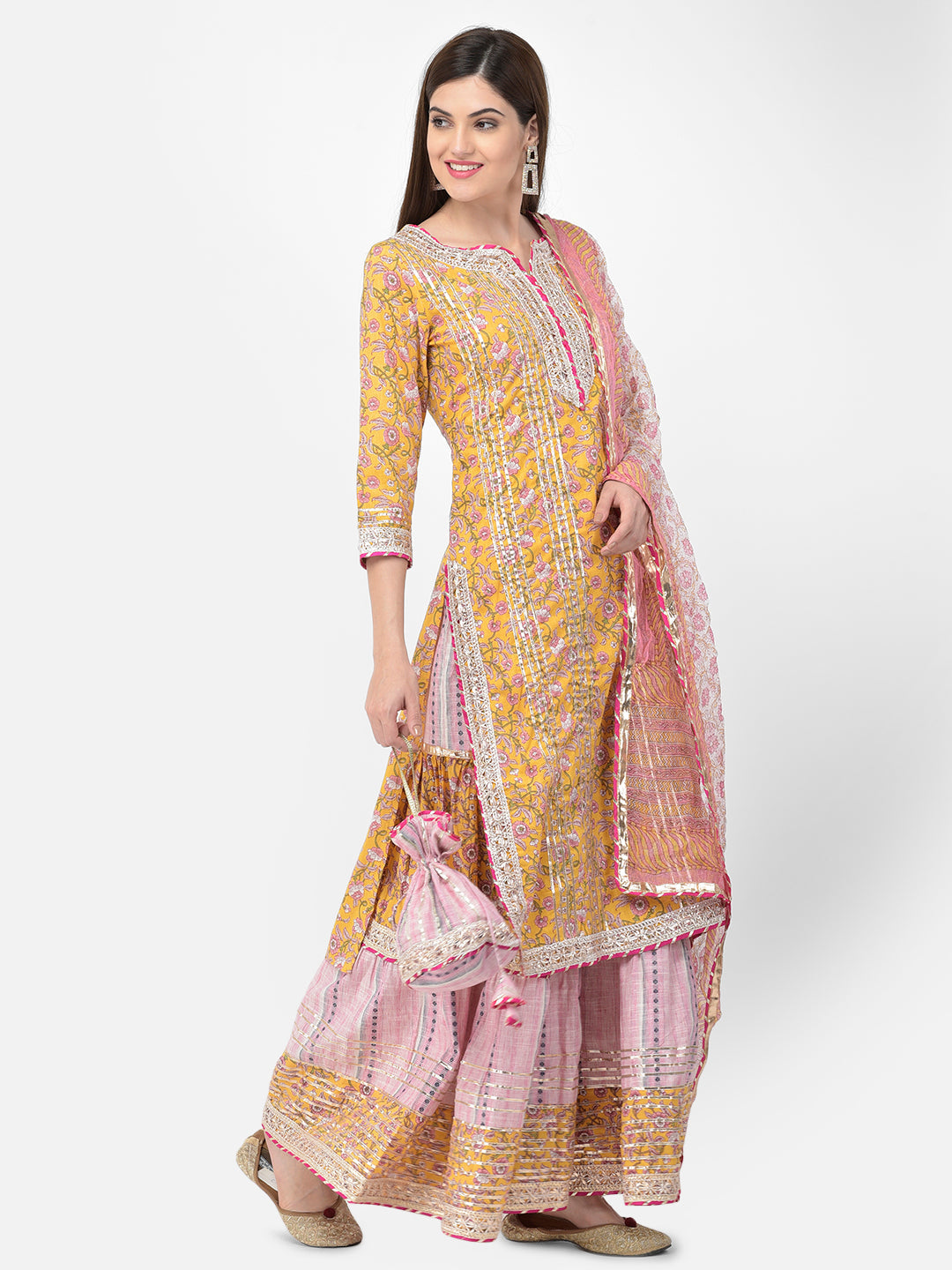 Neerus Yellow cotton printed kurta set with sharara and dupatta - detail view 1