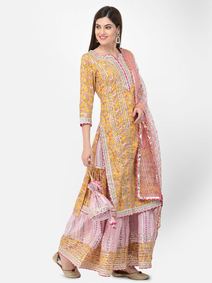 Neerus Yellow cotton printed kurta set with sharara and dupatta - detail view 1