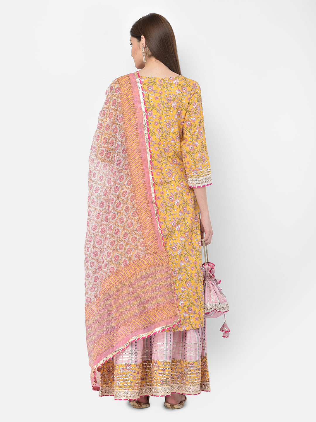 Neerus Yellow cotton printed kurta set with sharara and dupatta - detail view 2