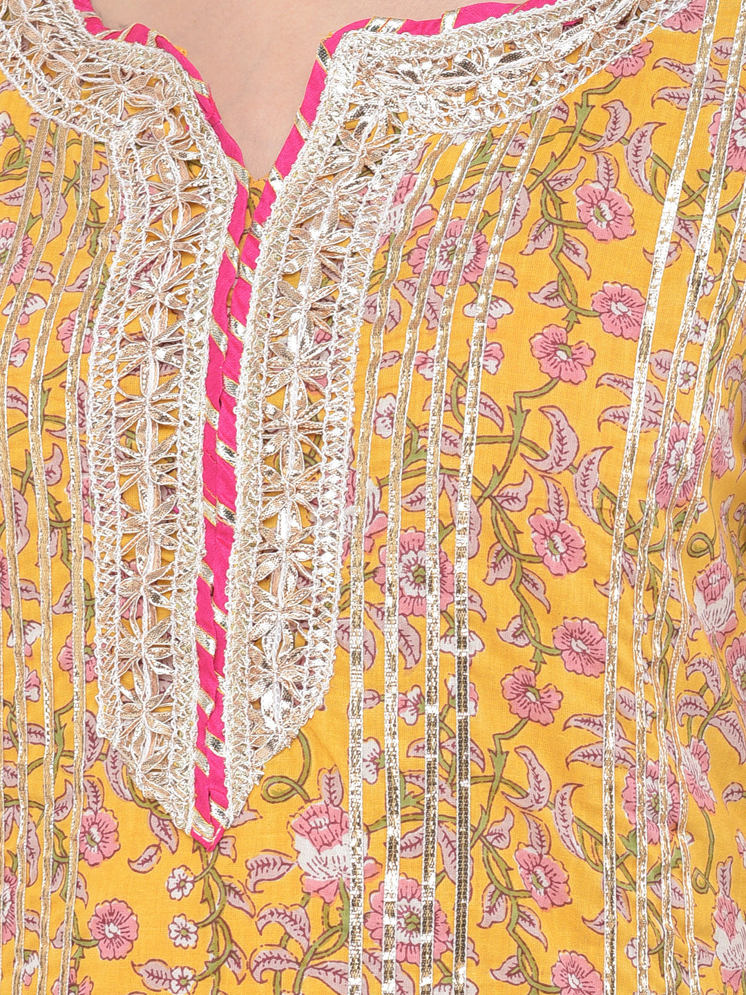 Neerus Yellow cotton printed kurta set with sharara and dupatta - detail view 3