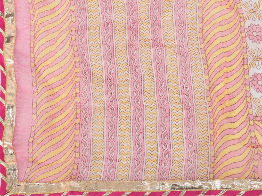 Neerus Yellow cotton printed kurta set with sharara and dupatta - detail view 5
