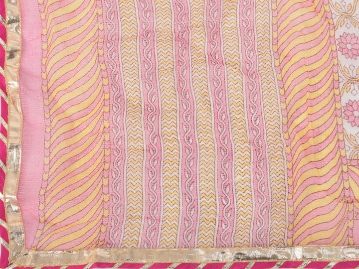 Neerus Yellow cotton printed kurta set with sharara and dupatta - detail view 5