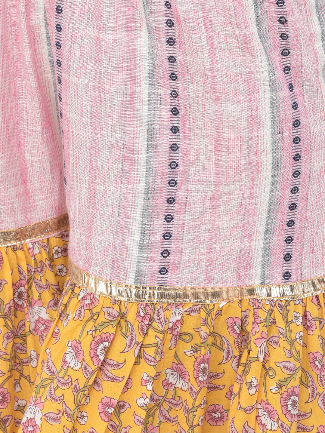 Neerus Yellow cotton printed kurta set with sharara and dupatta - detail view 6