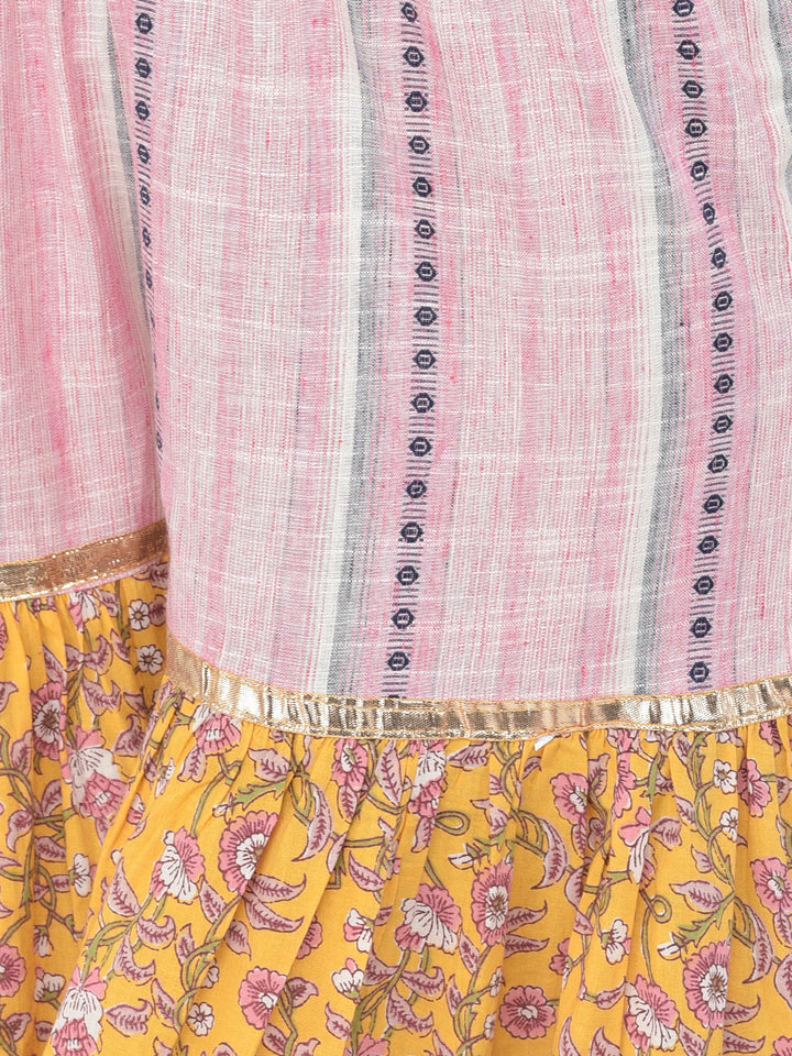 Neerus Yellow cotton printed kurta set with sharara and dupatta - detail view 6