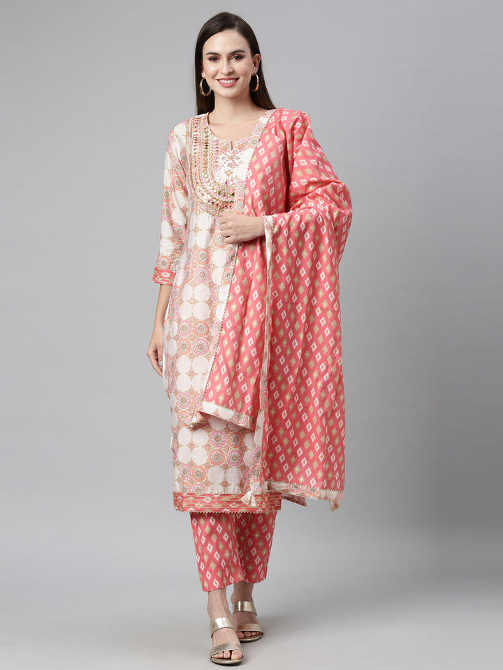 Neerus Pink Chanderi Cotton Hand Embroidered Kurta Set - front view