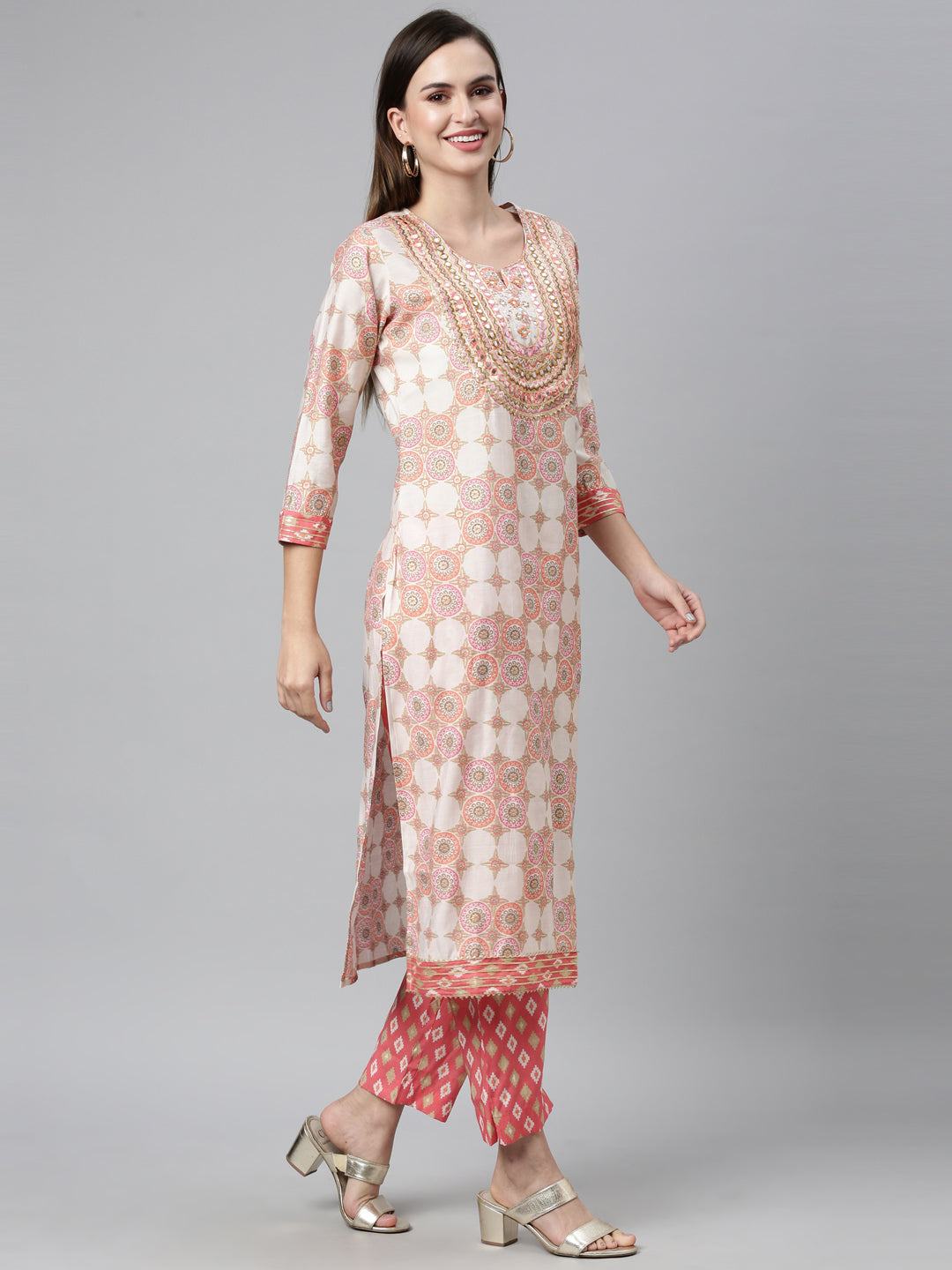 Neerus Pink Chanderi Cotton Hand Embroidered Kurta Set - side view