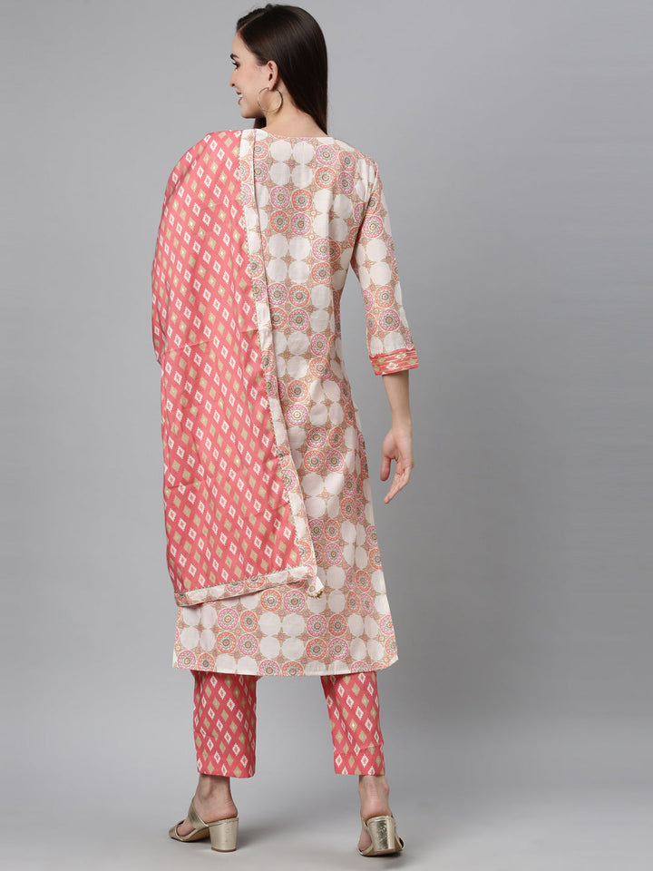 Neerus Pink Chanderi Cotton Hand Embroidered Kurta Set - detail view 1