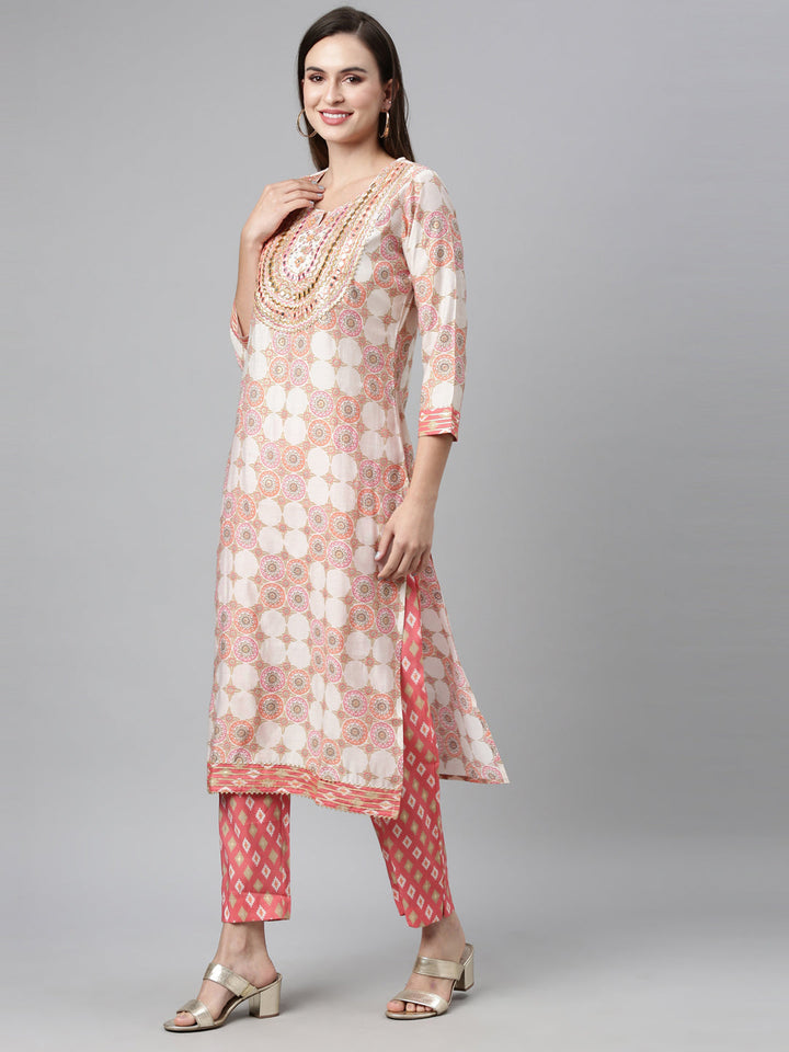 Neerus Pink Chanderi Cotton Hand Embroidered Kurta Set - detail view 4