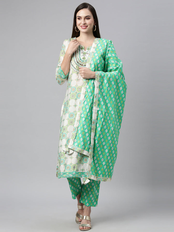 Neerus Green Chanderi Cotton Hand Embroidered Kurta Set - front view