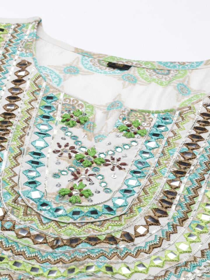Neerus Green Chanderi Cotton Hand Embroidered Kurta Set - detail view 6
