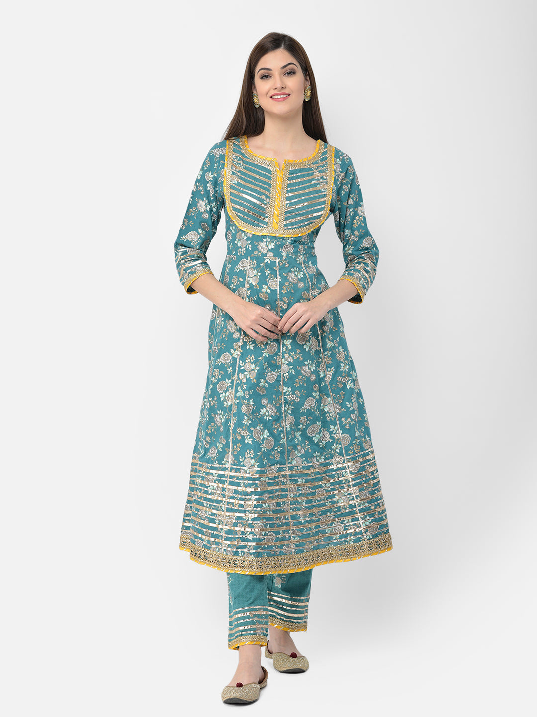 Neerus Green cotton printed anarkali suit set - front view
