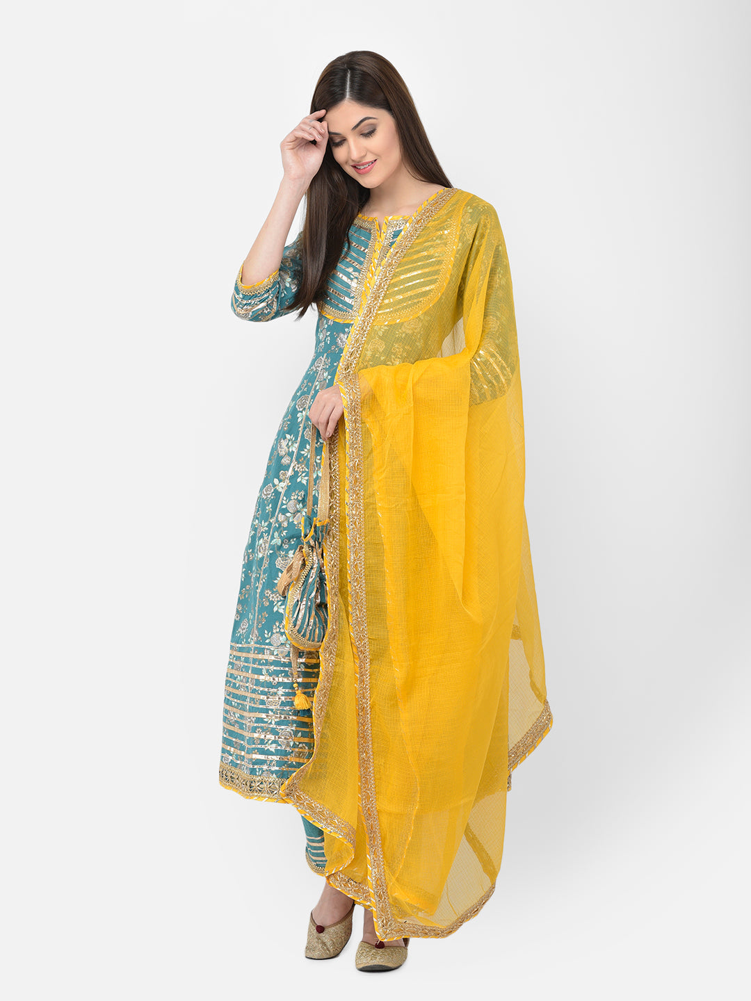 Neerus Green cotton printed anarkali suit set - back view