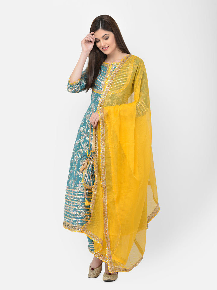 Neerus Green cotton printed anarkali suit set - back view