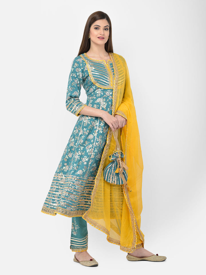 Neerus Green cotton printed anarkali suit set - detail view 3