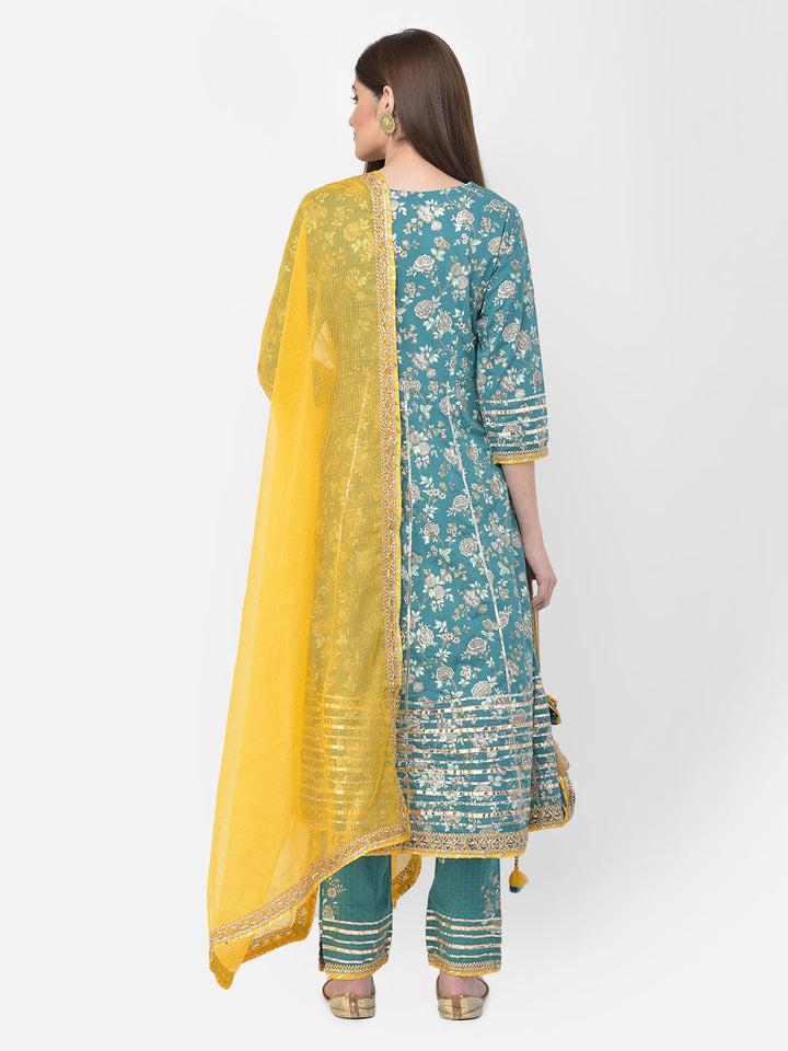 Neerus Green cotton printed anarkali suit set - detail view 4
