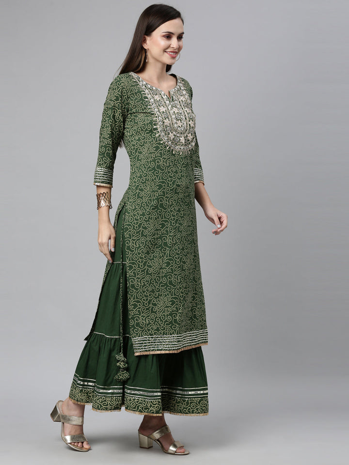 Neerus Green jute cotton embroidered kurta set with sharara and dupatta - side view