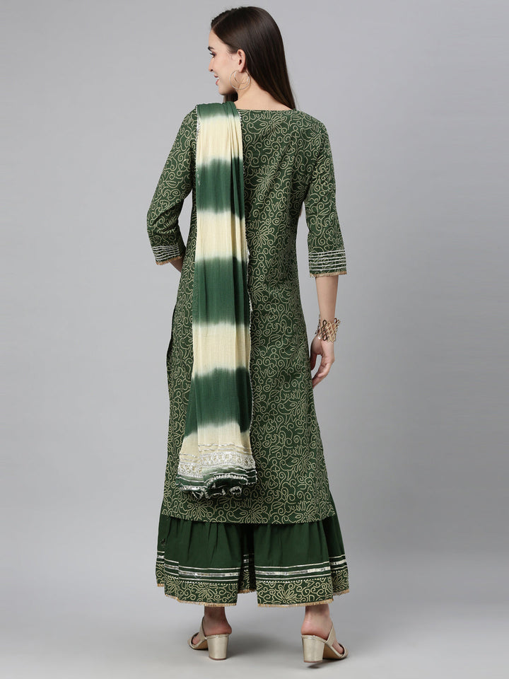 Neerus Green jute cotton embroidered kurta set with sharara and dupatta - detail view 1