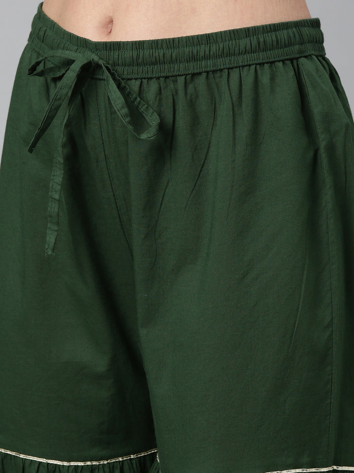 Neerus Green jute cotton embroidered kurta set with sharara and dupatta - detail view 5