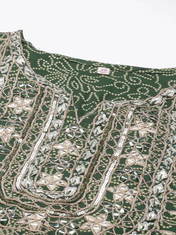 Neerus Green jute cotton embroidered kurta set with sharara and dupatta - detail view 7