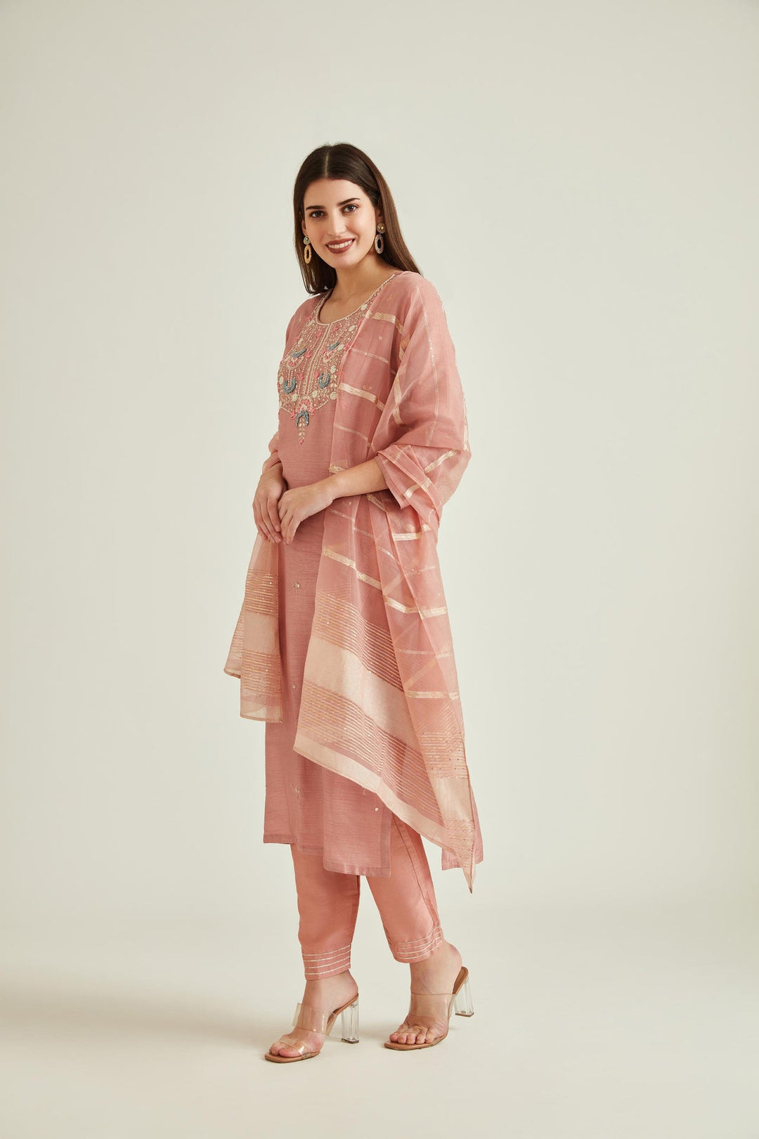 Neerus Pink Chanderi embellished kurta set - front view