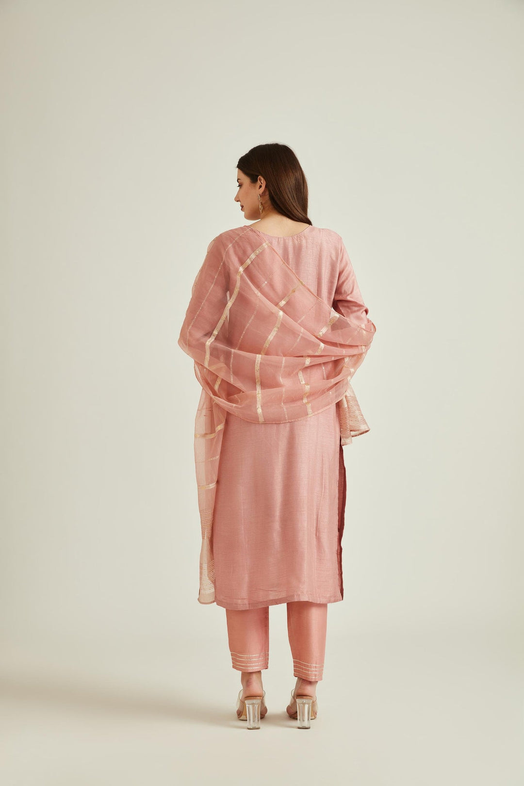 Neerus Pink Chanderi embellished kurta set - back view